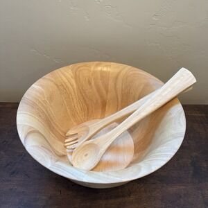 Vintage Bamboo Wooden Salad Bowl Set 20 Cup Capacity Fork Spoon Utensil Oversize
